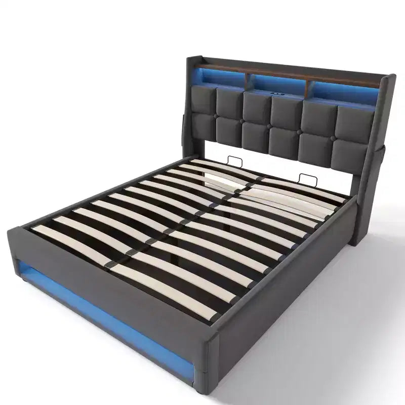 Letto Queen Size con Contenitore Idraulico, LED, USB, Testiera Imbottita, Nessuna Rete a Molle, Facile Montaggio