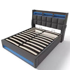 Letto Queen Size con Contenitore Idraulico, LED, USB, Testiera Imbottita, Nessuna Rete a Molle, Facile Montaggio