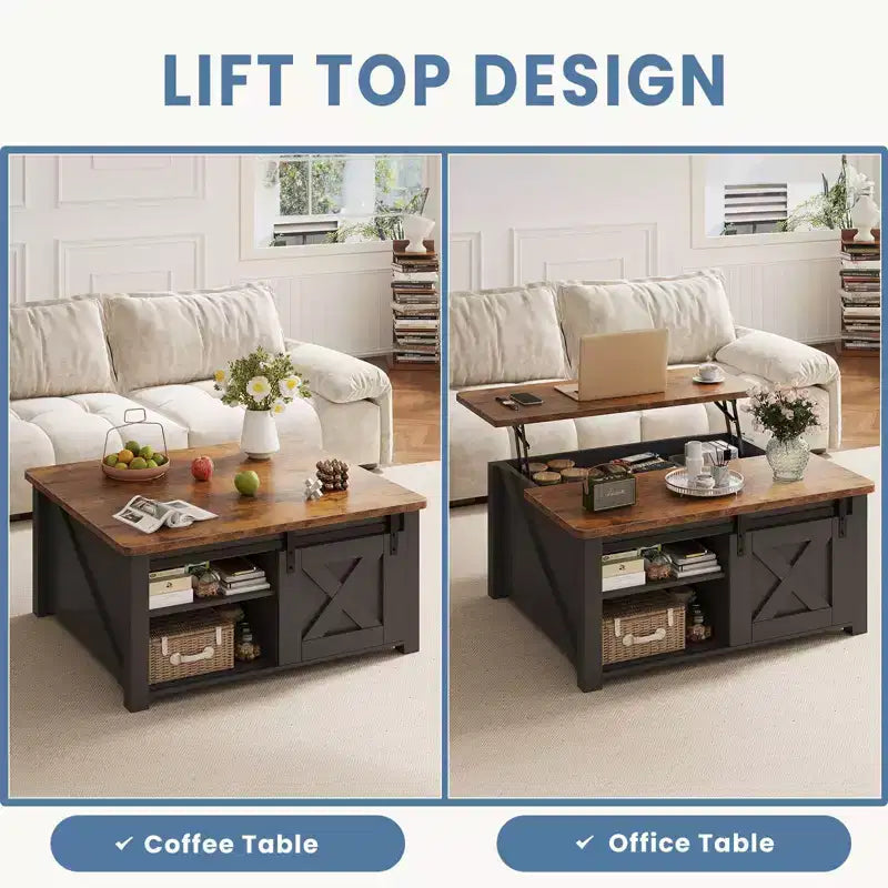 JIONJOY 31.5 Tavolino da Caffè con Piano Sollevabile, Ampio Vano Contenitore Nascosto, Scaffali Regolabili, Tavolo Centrale Quadrato in Stile Rustico per Soggiorno, Piccoli Spazi