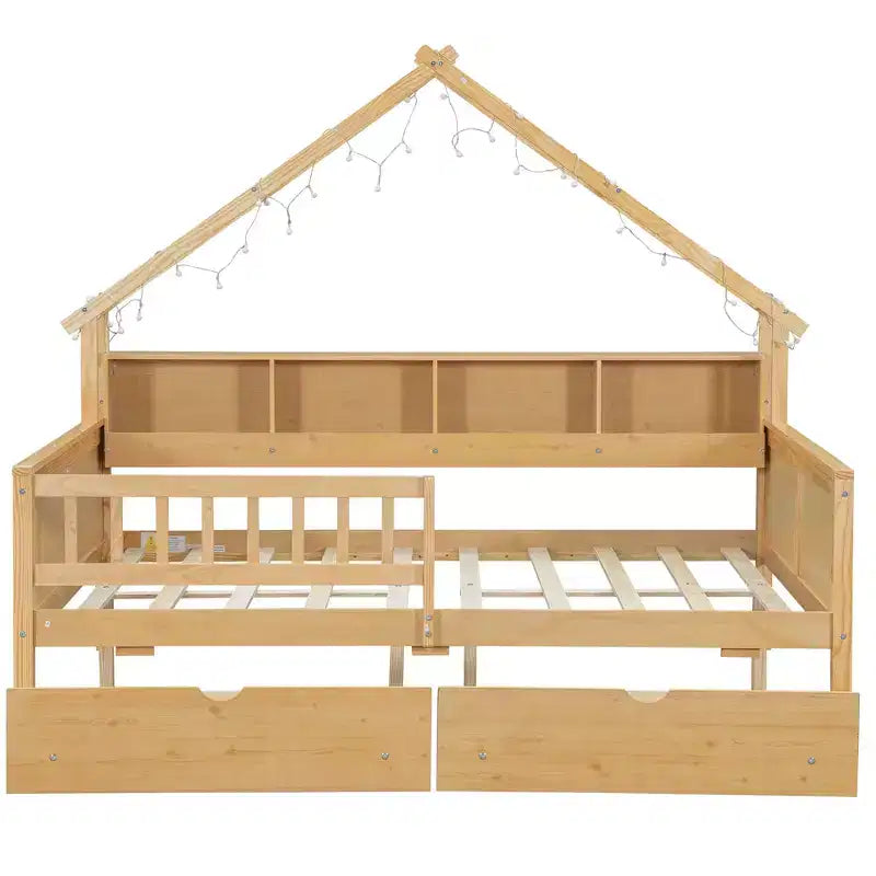 Struttura letto a casetta a grandezza naturale con cassetti, letto a piattaforma a casetta con luci LED, mensole e cassetti portaoggetti, divano letto in legno con tetto e sponda
