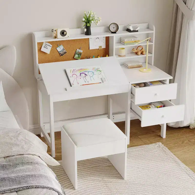 Set scrivania e sedia per bambini, tavolo da studio in legno con piano inclinabile regolabile, cassetti e bacheca in sughero - Set scrivania per lo studio dei bambini