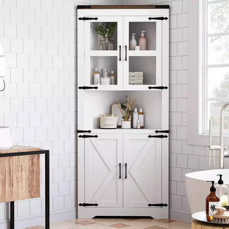 Mobile angolare alto da 69", mobile angolare da dispensa in stile rustico, salvaspazio, anta in vetro, ripiani regolabili, per soggiorno, cucina