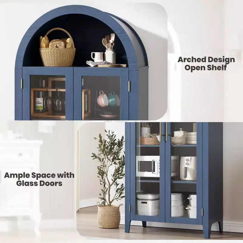Mobile Contenitore Alto Ad Arco con Ante in Vetro, Libreria Espositiva a 5 Ripiani con Mensole Regolabili per Cucina o Soggiorno
