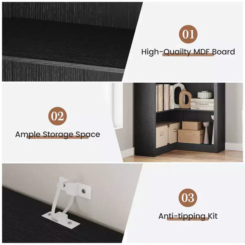 Libreria angolare a 5 ripiani a forma di L, in stile retrò, Bianco/Nero/Legno, singola