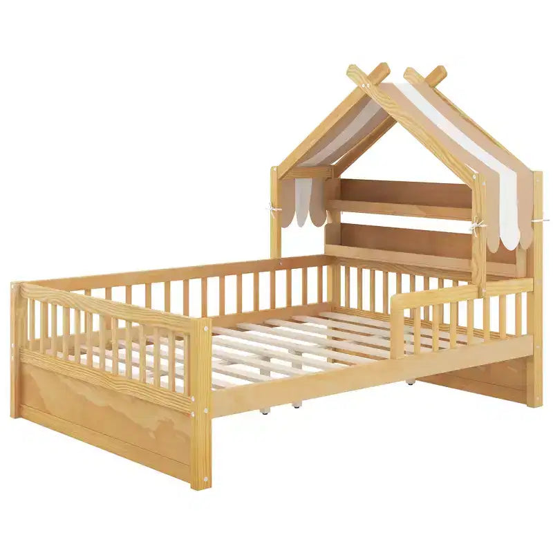 Letto a Capanna ModernLuxe per Bambini, Misura Singola/Piazza e Mezza, in Legno con Testiera Contenitore, Struttura in Pino Massiccio con Sponde di Protezione