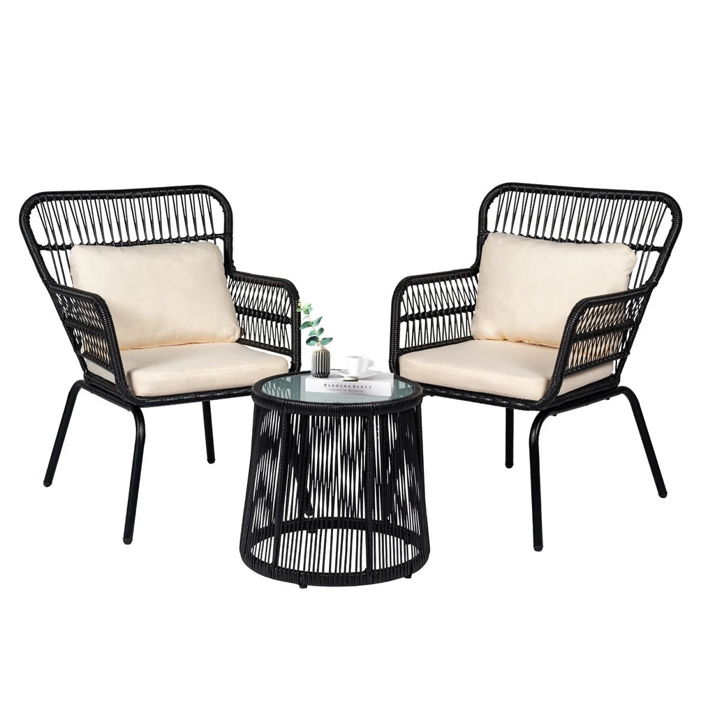 Set da Bistrò per Conversazione da Esterno a 3 Pezzi in Vimini, Set di Sedie da Patio in Rattan per Tutte le Stagioni con Cuscini
