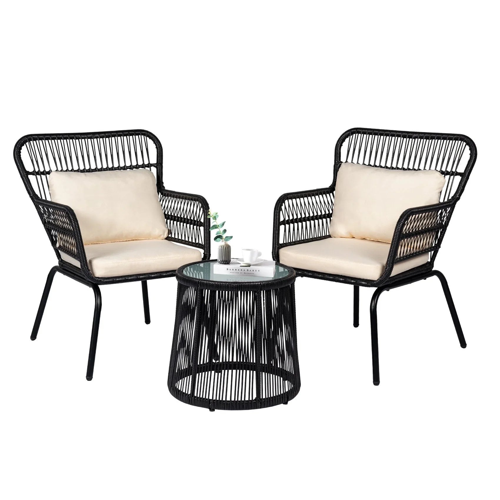 Set da Bistrò per Conversazione da Esterno a 3 Pezzi in Vimini, Set di Sedie da Patio in Rattan per Tutte le Stagioni con Cuscini