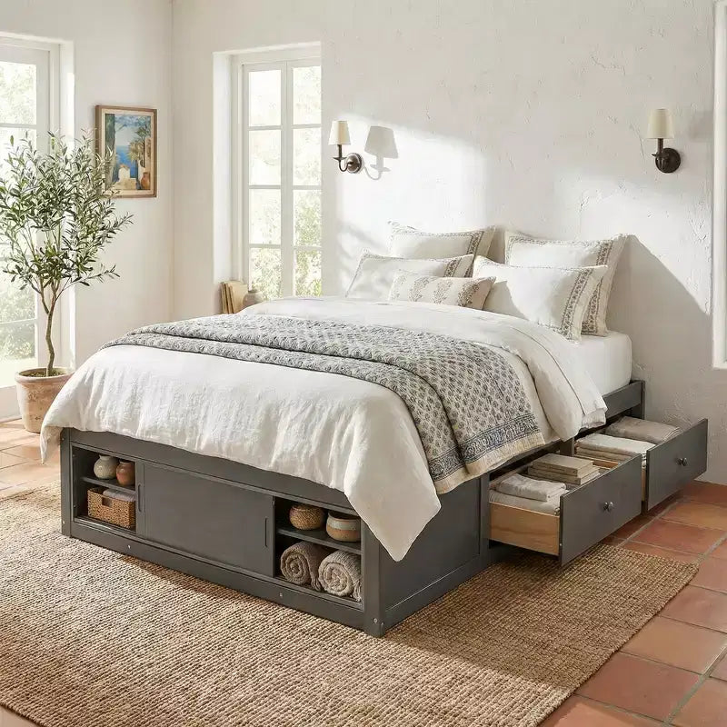 Struttura letto a piattaforma Whisen Queen con 4 cassetti e contenitore nella pediera
