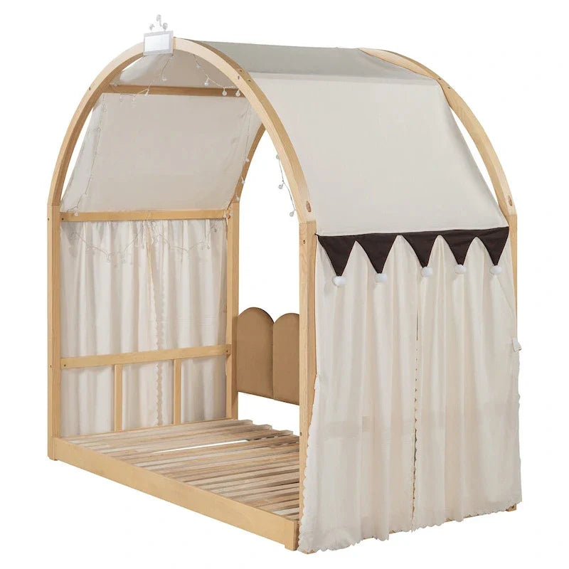 Letto a piattaforma in legno massiccio a forma di casetta, letto Montessori a terra con tetto ad arco e letto estraibile per bambine e bambini