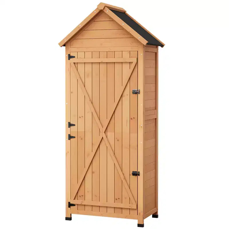 Armadietto porta attrezzi da esterno in legno impermeabile - Ante doppie con serratura, 3 ripiani regolabili e tetto spiovente - Stoccaggio salvaspazio per patio, cortile o prato