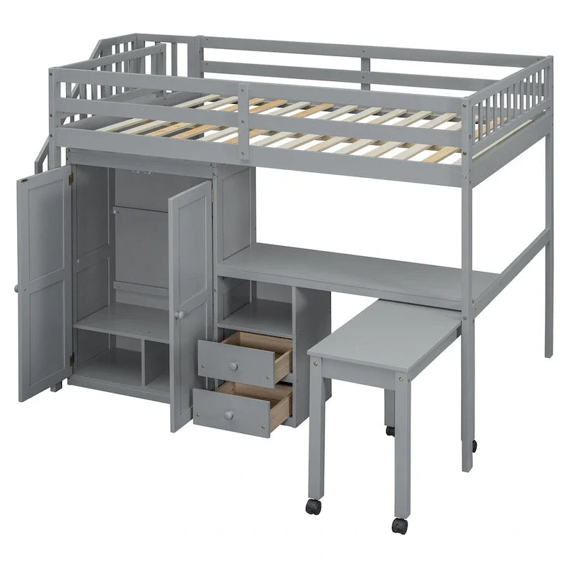 Letto a soppalco full-size con scala, libreria, scrivania e armadio - Mobili multifunzionali salvaspazio per bambini e ragazzi - Bianco