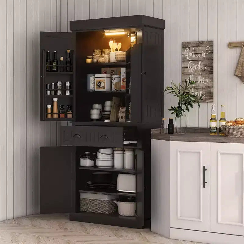Mobile credenza da cucina da 71" con luci a LED, 6 ante con ripiani, un cassetto e 4 ripiani regolabili