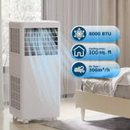 Condizionatore d'aria portatile da 8.000 BTU - 3-in-1 Raffreddamento, Deumidificatore e Ventilatore per ambienti fino a 32,5 mq con Modalità Sleep e 1 Anno di Garanzia
