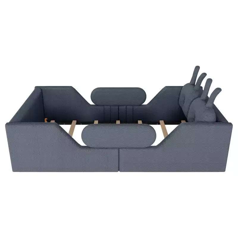 Whisen Twin - Letto a piattaforma, Letto imbottito da pavimento per bambini con cuscino a coniglio, Sponde laterali rimovibili