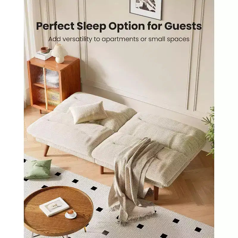 Divano letto in velluto a coste da 168 cm con schienale e braccioli regolabili, adatto a piccoli spazi, salotti o uffici come divano futon.