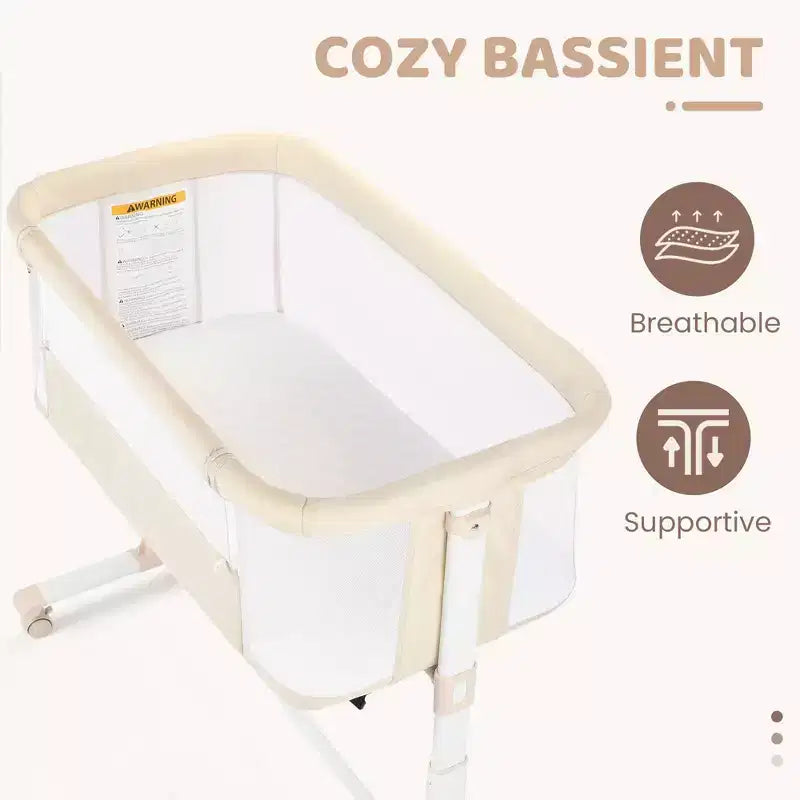 Culla Neonato con Ruote – Beige / Grigio / Rosa, Culla Fianco Letto, per 1 Neonato