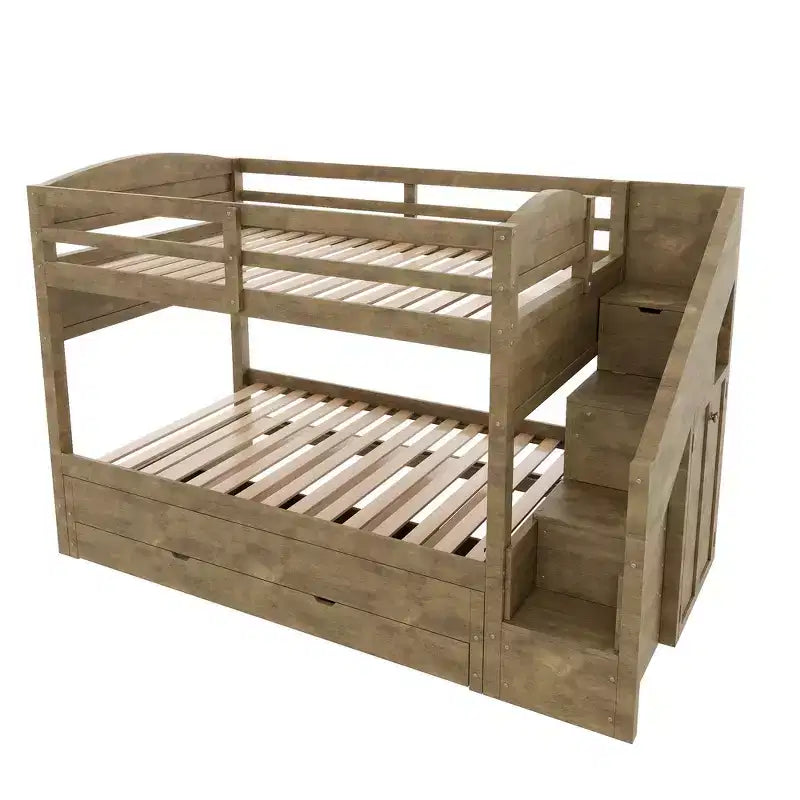 Whisen Letto a castello Twin XL con rotelle estraibili, letto a castello con contenitore, letto a castello in legno massello, scala con contenitore, armadio, 3 cassetti, per bambini