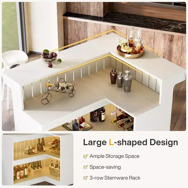 Mobile bar a L Lantine, tavolo da bar angolare a 4 ripiani con mensole e porta calici da vino per pub domestico