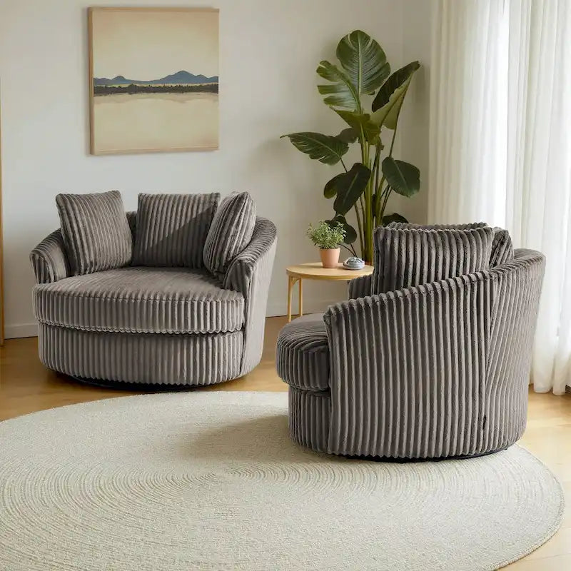 Set di 2 Poltrone Girevoli a Barilotto Oversize da 43" in Velluto a Coste Felpato con Cuscini