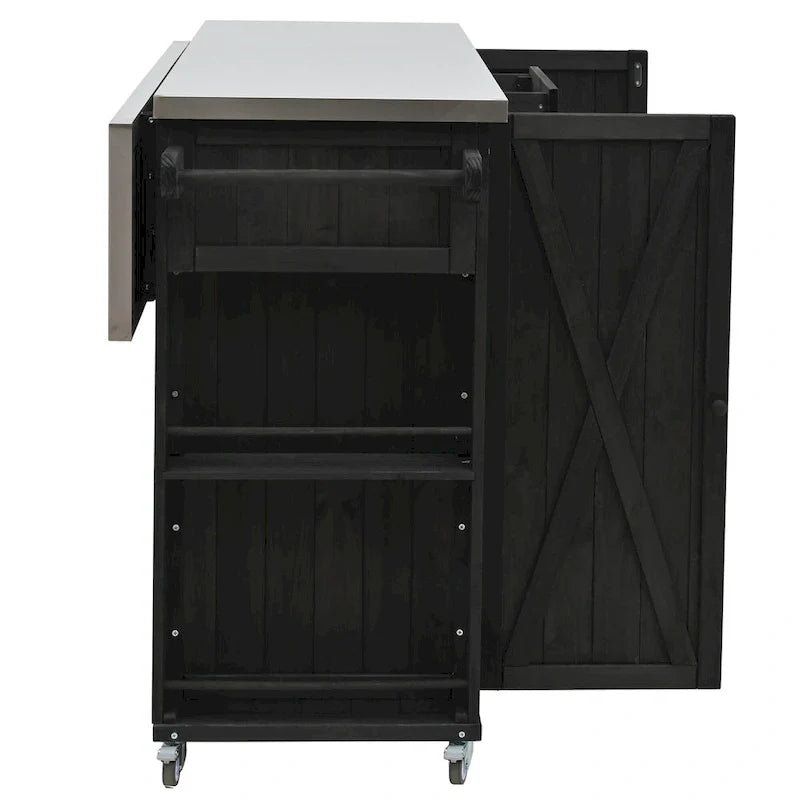 Isola da cucina per esterno, in legno di abete rustico con piano in acciaio inossidabile e vani intelligenti