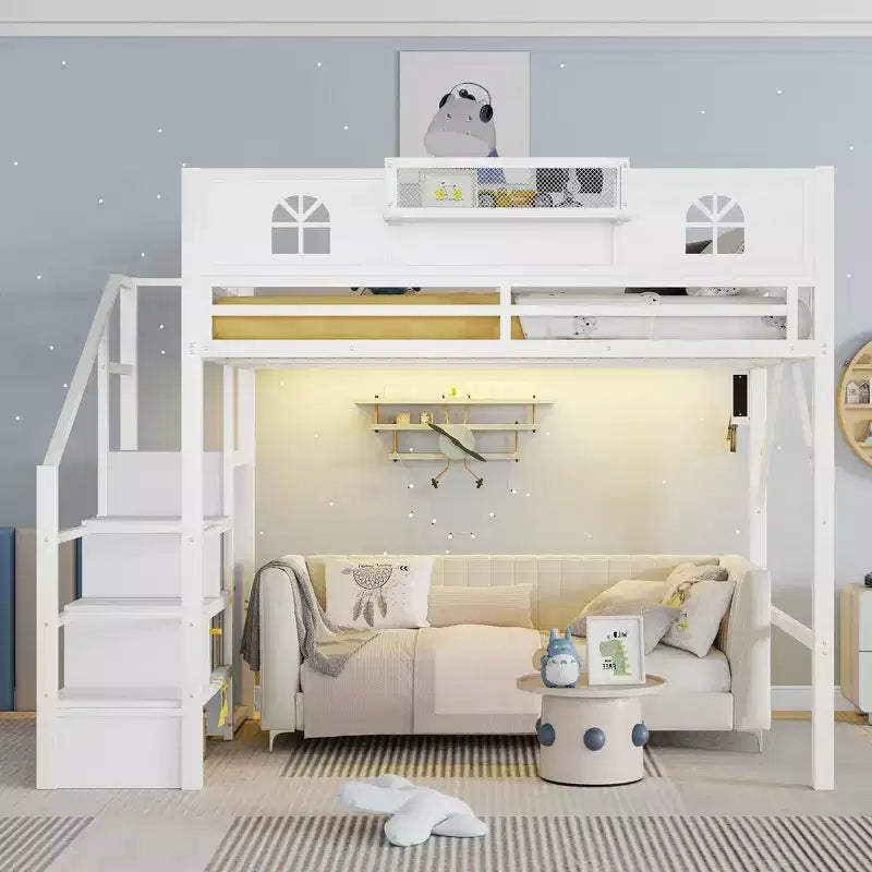 Letto a soppalco ModernLuxe matrimoniale/queen size con scale e armadio integrato, struttura letto in metallo con luci a LED, stazione di ricarica USB e ripiani portaoggetti