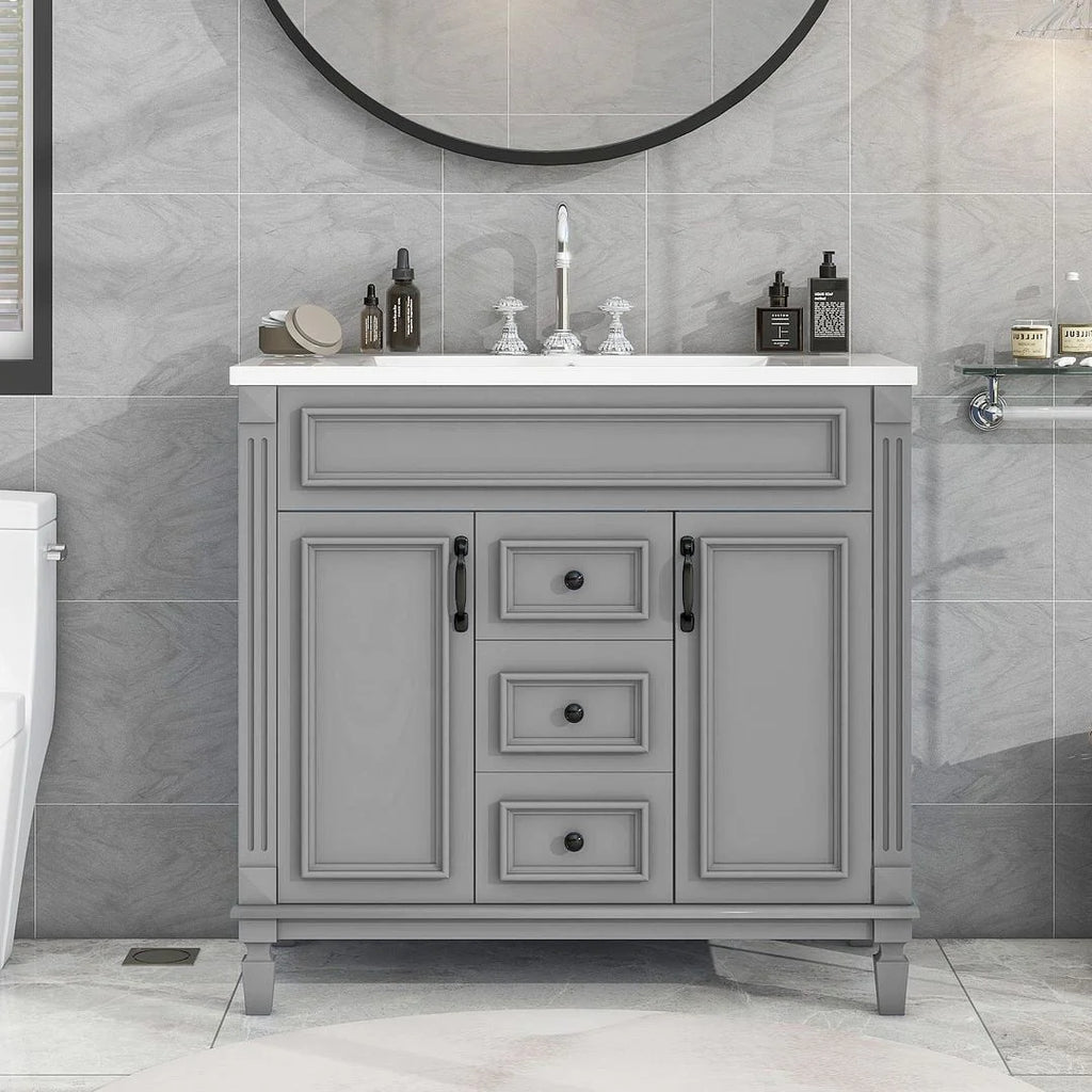 Mobile Bagno Moderno da 90cm con Lavabo Integrato e Specchiera, 2 Ante e 2 Cassetti