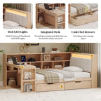 Divano Letto a "L" in Legno con Scrivania, Mobile Libreria, Letto Angolare con Cassetti Sottostanti, Testiera Imbottita con Luce Integrata
