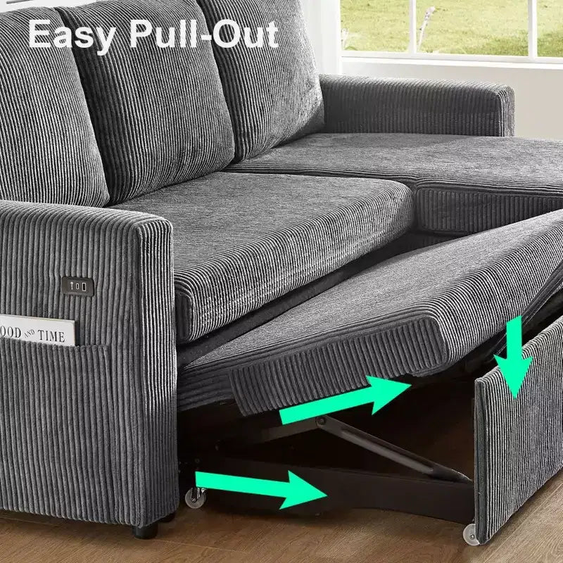 Divano Letto Estraibile 2 in 1 Dyonery con Chaise Longue Contenitore e USB, Divano Angolare in Velluto a Coste per Soggiorno
