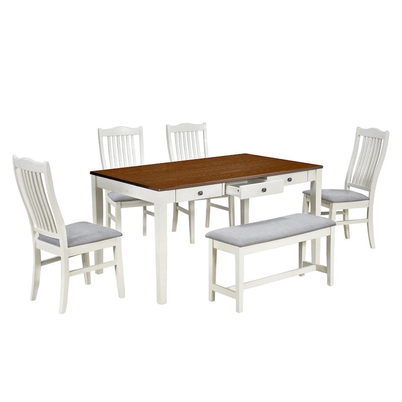 Set da pranzo di 6 pezzi in legno con 4 sedie e panca, tavolo con cassetto