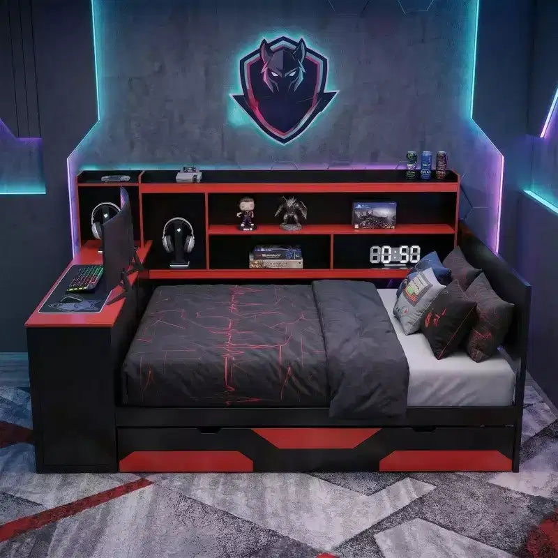 Letto a Giorno Gamer Hub con Scrivania, Luci RGB, Stazione di Ricarica, Cassetti e Testiera Libreria