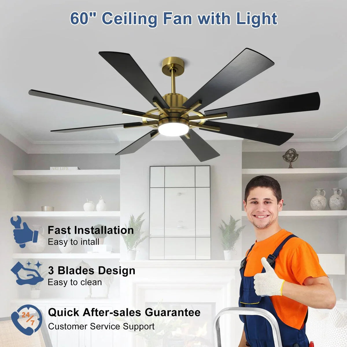 Ventilatore da soffitto con luci telecomandato e 8 grandi pale in legno