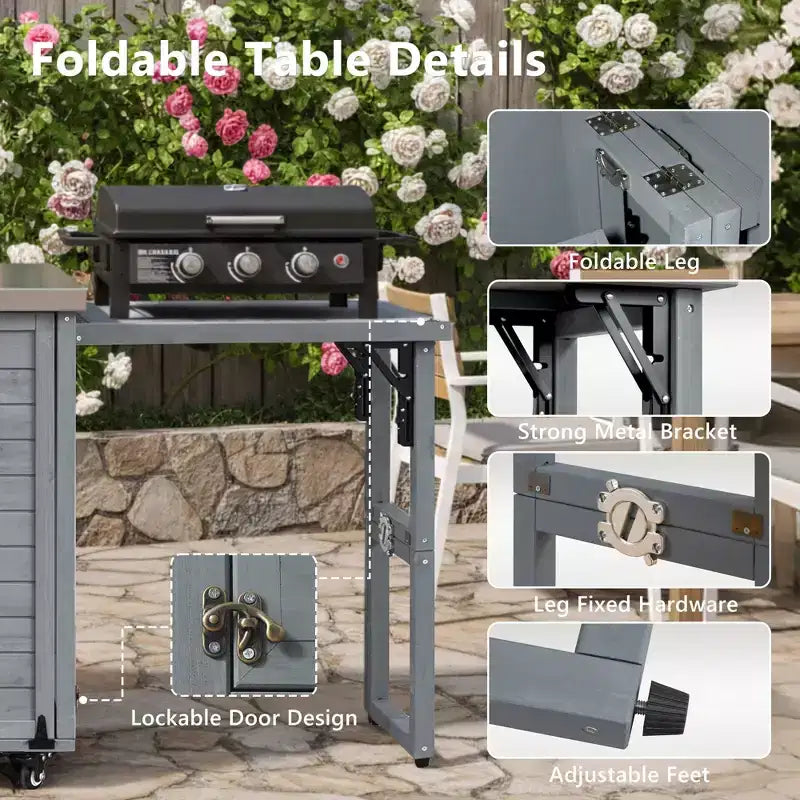 Isola cucina da esterno FAMYYT da 198,9 cm con piano di lavoro in acciaio inossidabile, stazione barbecue pieghevole e mobili contenitori, blu grigio
