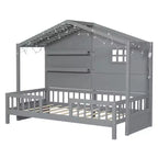 Letto a capanna per bambini con scaffali e sponde, Struttura letto in legno stile Montessori per bambini con finestra e striscia luminosa scintillante