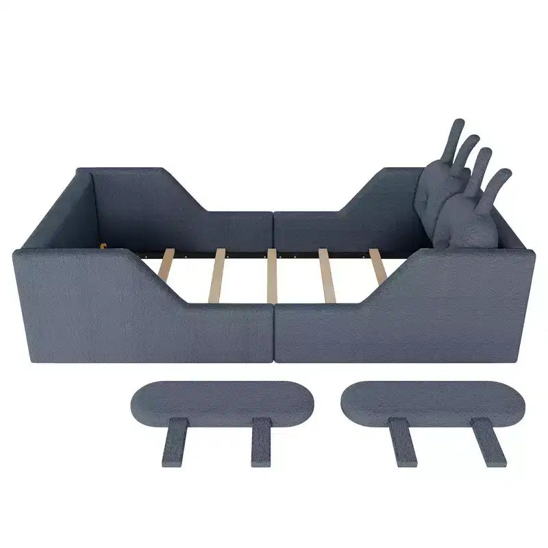 Whisen Twin - Letto a piattaforma, Letto imbottito da pavimento per bambini con cuscino a coniglio, Sponde laterali rimovibili