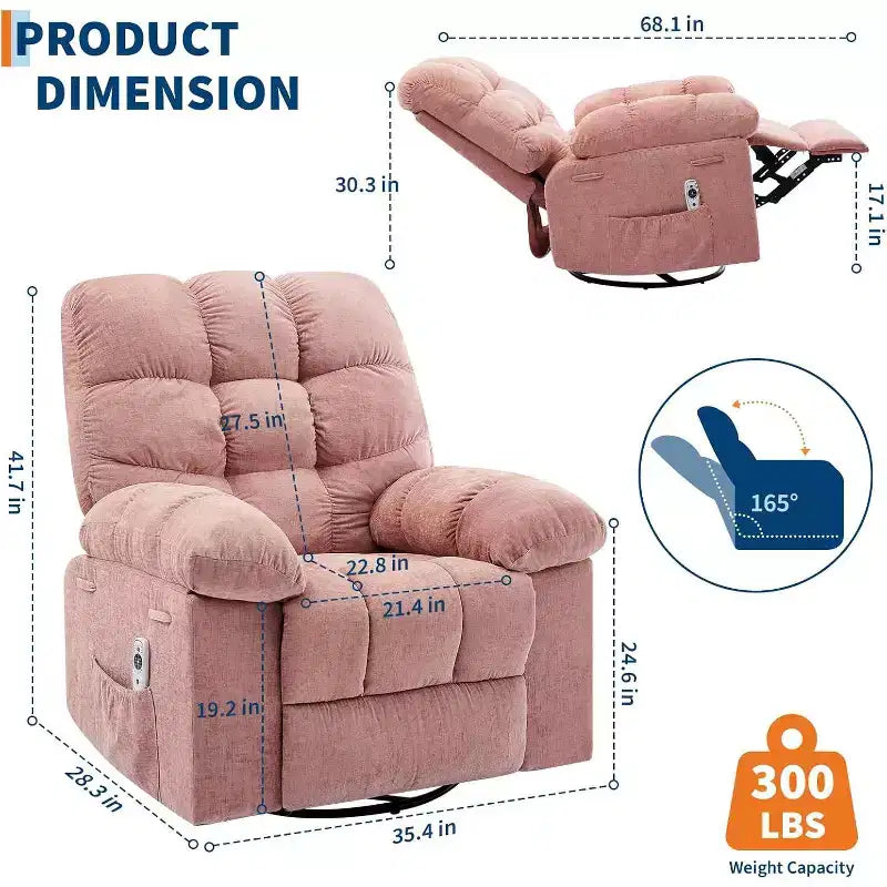 Poltrona Reclinabile Massaggiante con Calore - Girevole a 360°, Dondolo, Divano Singolo Oversize con Vibrazione, USB e Tasche Contenitore per Soggiorno/Camera da Letto