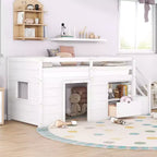 Letto a soppalco basso in legno massiccio, piazza e mezza, 94.6L x 42.3W, con scala, cassetto e mensola, design moderno e pulito