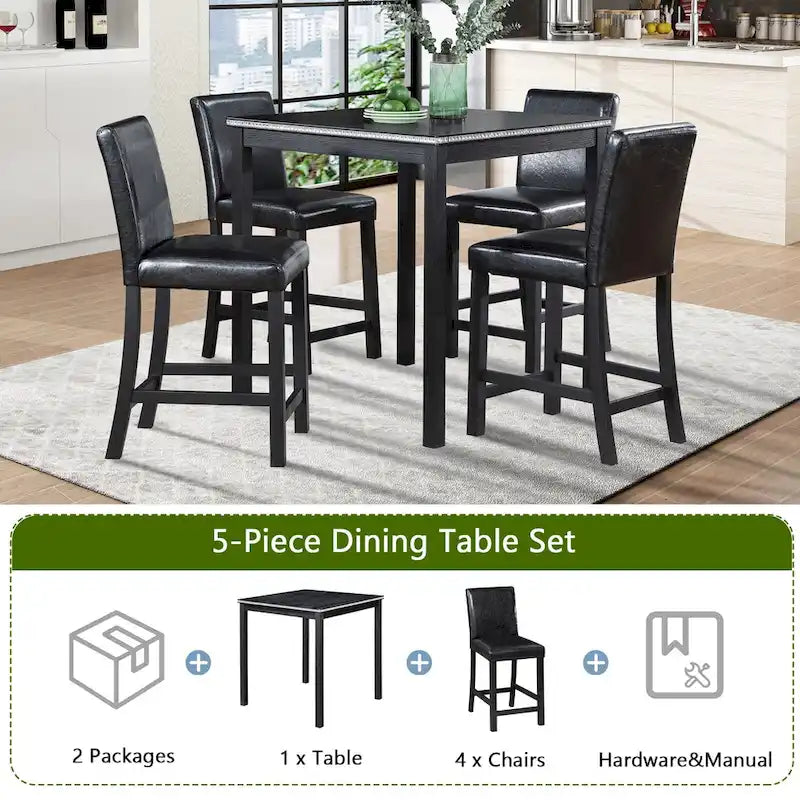 Set da pranzo moderno di 5 pezzi con tavolo quadrato ad altezza bancone e 4 sedie imbottite