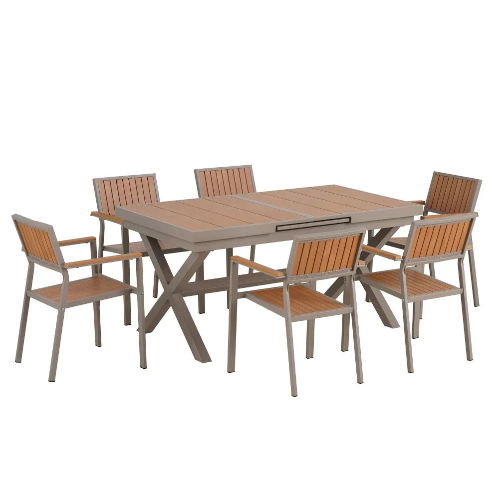 Set da pranzo da esterno moderno da 7 pezzi con sei sedie e un tavolo allungabile per patio