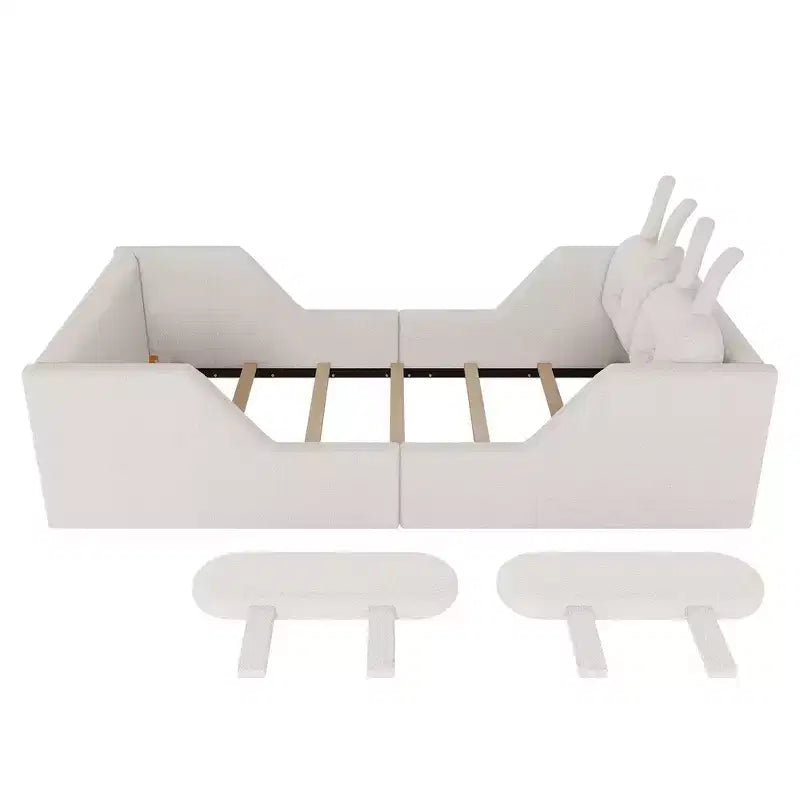 Whisen Twin - Letto a piattaforma, Letto imbottito da pavimento per bambini con cuscino a coniglio, Sponde laterali rimovibili