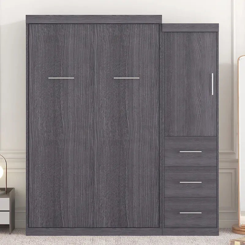Letto Murphy pieghevole grigio con armadio e 3 cassetti, matrimoniale/singolo, 1 persona