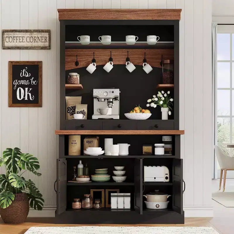 Mobile bar da caffè in stile rustico alto 72 pollici con luci LED, credenza da cucina con ante e cassetti, ripiani regolabili, ampio spazio di archiviazione
