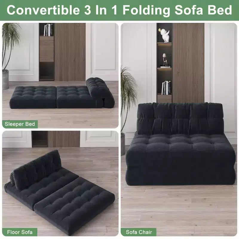 Divano Letto Futon Pieghevole in Velluto a Coste, Sedia Convertibile da Pavimento con Cuscino e Supporto per la Schiena