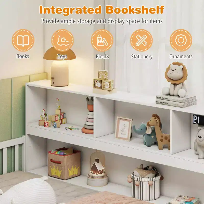 Letto a terra Montessori per materasso singolo/una piazza e mezza con libreria, ripiani e sponde di sicurezza bianco/grigio