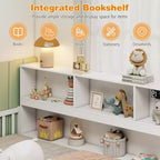Letto a terra Montessori per materasso singolo/una piazza e mezza con libreria, ripiani e sponde di sicurezza bianco/grigio