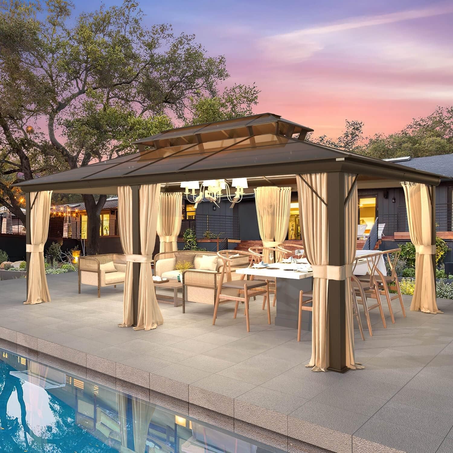 EROMMY Gazebo a tetto rigido, Pergola da esterno con doppio tetto, zanzariere e tende, Tenda da sole resistente per patio, cortile, feste in piscina