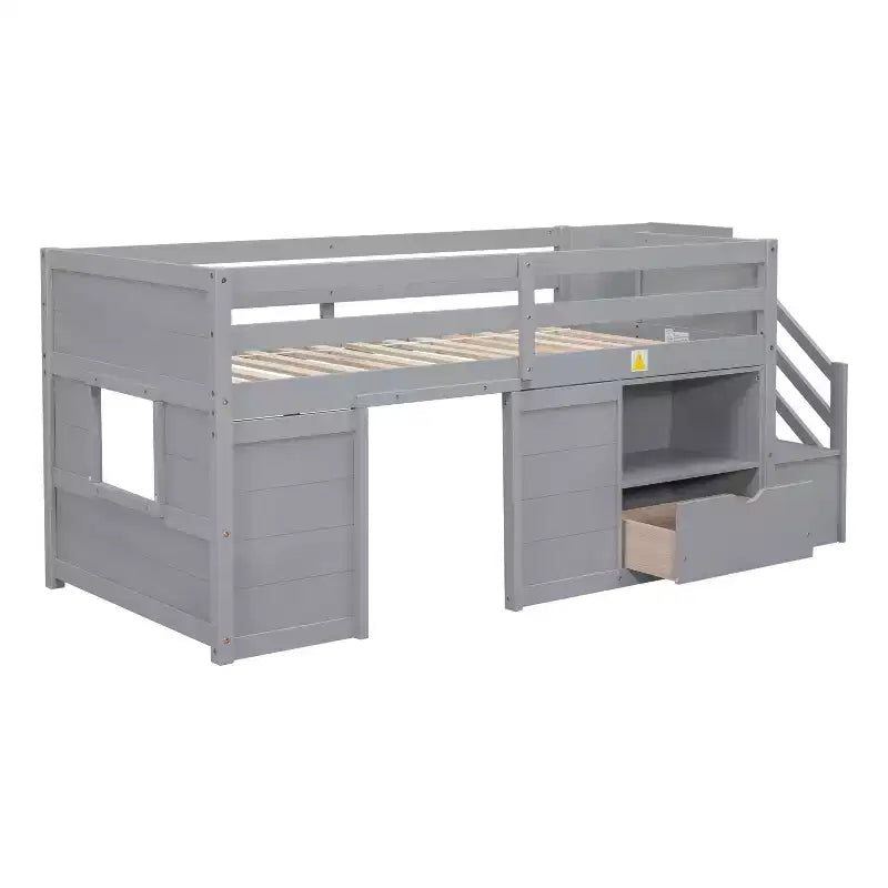 Letto a soppalco basso in legno massiccio, piazza e mezza, 94.6L x 42.3W, con scala, cassetto e mensola, design moderno e pulito
