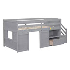 Letto a soppalco basso in legno massiccio, piazza e mezza, 94.6L x 42.3W, con scala, cassetto e mensola, design moderno e pulito