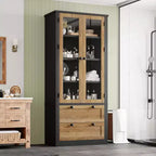 Dispensa da Cucina Coloniale con Ante in Vetro, Armadio Contenitore da 72 pollici con Cassetti e Ripiani Regolabili per Sala da Pranzo Bagno Soggiorno