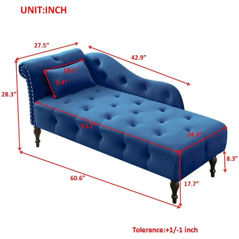 Moderna poltrona a sdraio imbottita in velluto da 60,6" con bottoni capitonné, gambe in legno massello e borchie