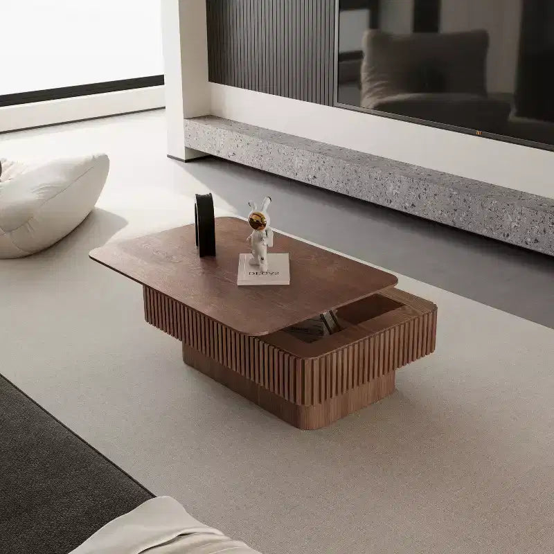 JVNOXK 38.6'' Tavolino da caffè con piano sollevabile e scanalature, con spazio contenitivo, impiallacciatura in legno massello, altezza regolabile, tavolino moderno per soggiorno, camera da letto, noce